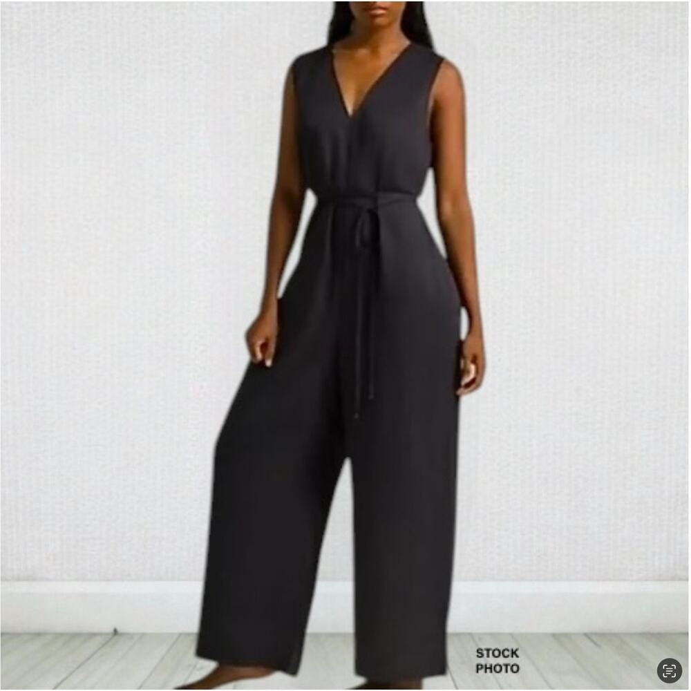 Ettitude Black Wide Leg Jumpsuit Bamboo Lyocell Sleeveless Tie Waist Pockets L